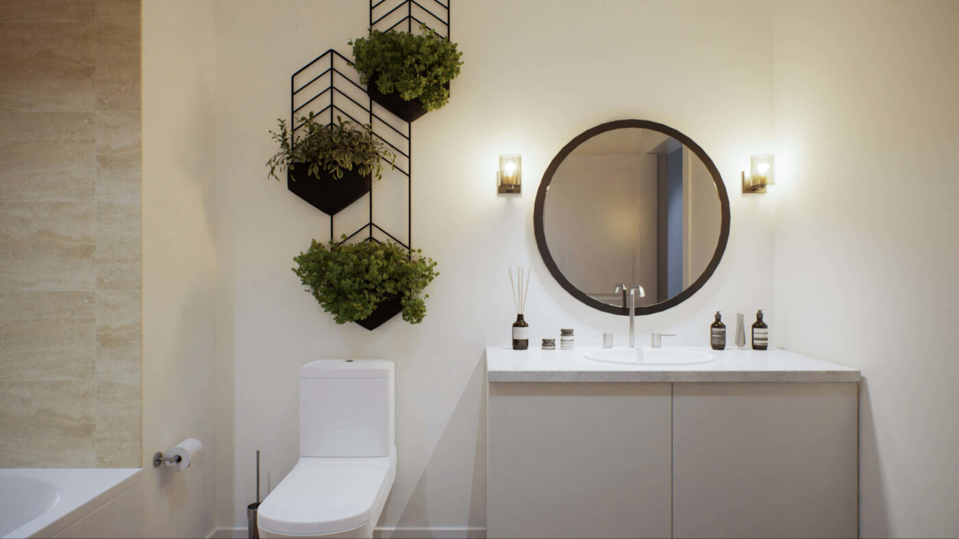 bathroom with circlular mirror and modern decor